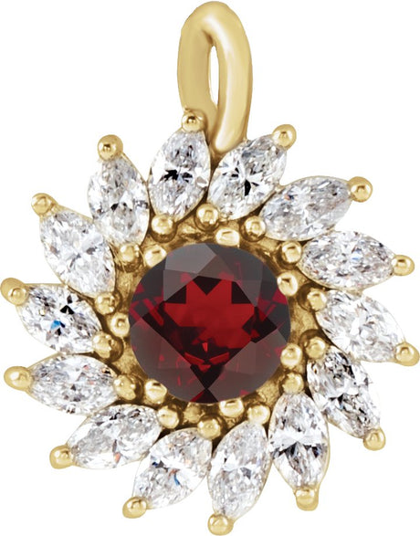 14K Gold Round Natural Mozambique Garnet & Natural Diamond Halo-Style Necklace or Pendant – 3.5-6mm Stones - Yellow Gold