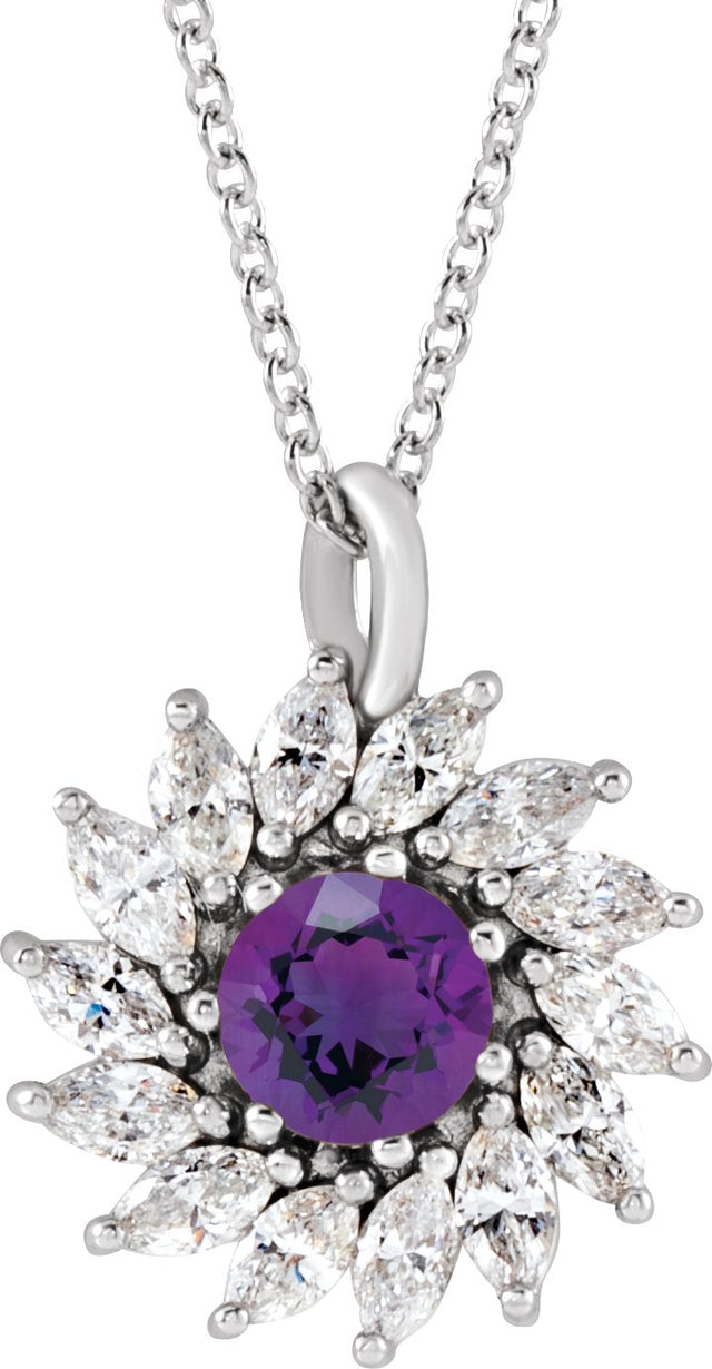 Platinum Round Natural Amethyst & Natural Diamond Halo-Style Necklace or Pendant – 3.5-6mm Stones