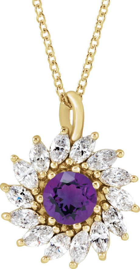 14K Gold Round Natural Amethyst & Natural Diamond Halo-Style Necklace or Pendant – 3.5-6mm Stones - Yellow Gold