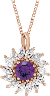 14K Gold Round Natural Amethyst & Natural Diamond Halo-Style Necklace or Pendant – 3.5-6mm Stones - Rose Gold
