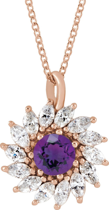 14K Gold Round Natural Amethyst & Natural Diamond Halo-Style Necklace or Pendant – 3.5-6mm Stones - Rose Gold