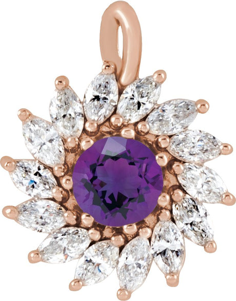 14K Gold Round Natural Amethyst & Natural Diamond Halo-Style Necklace or Pendant – 3.5-6mm Stones - Rose Gold
