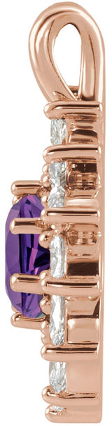 14K Gold Round Natural Amethyst & Natural Diamond Halo-Style Necklace or Pendant – 3.5-6mm Stones - Rose Gold - view 2
