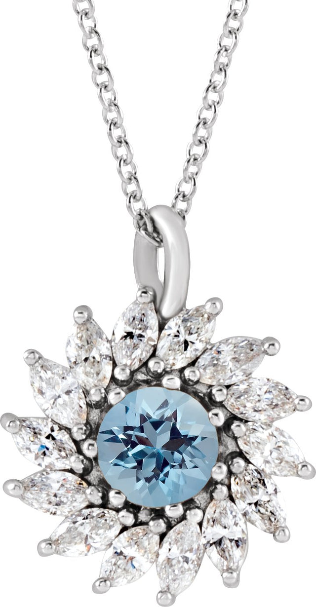 14K Gold Round Natural Aquamarine & Natural Diamond Halo-Style Necklace or Pendant – 3.5-6mm Stones - White Gold