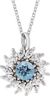 Platinum Round Natural Aquamarine & Natural Diamond Halo-Style Necklace or Pendant – 3.5-6mm Stones