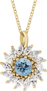 14K Gold Round Natural Aquamarine & Natural Diamond Halo-Style Necklace or Pendant – 3.5-6mm Stones - Yellow Gold