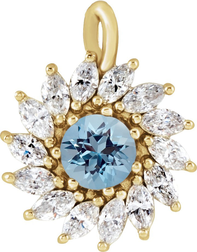 14K Gold Round Natural Aquamarine & Natural Diamond Halo-Style Necklace or Pendant – 3.5-6mm Stones - Yellow Gold