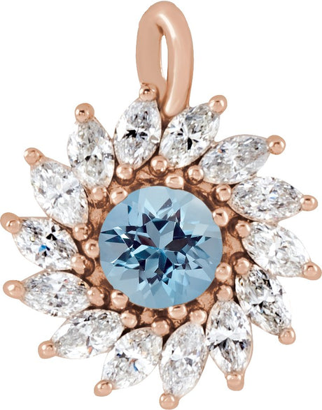 14K Gold Round Natural Aquamarine & Natural Diamond Halo-Style Necklace or Pendant – 3.5-6mm Stones - Rose Gold