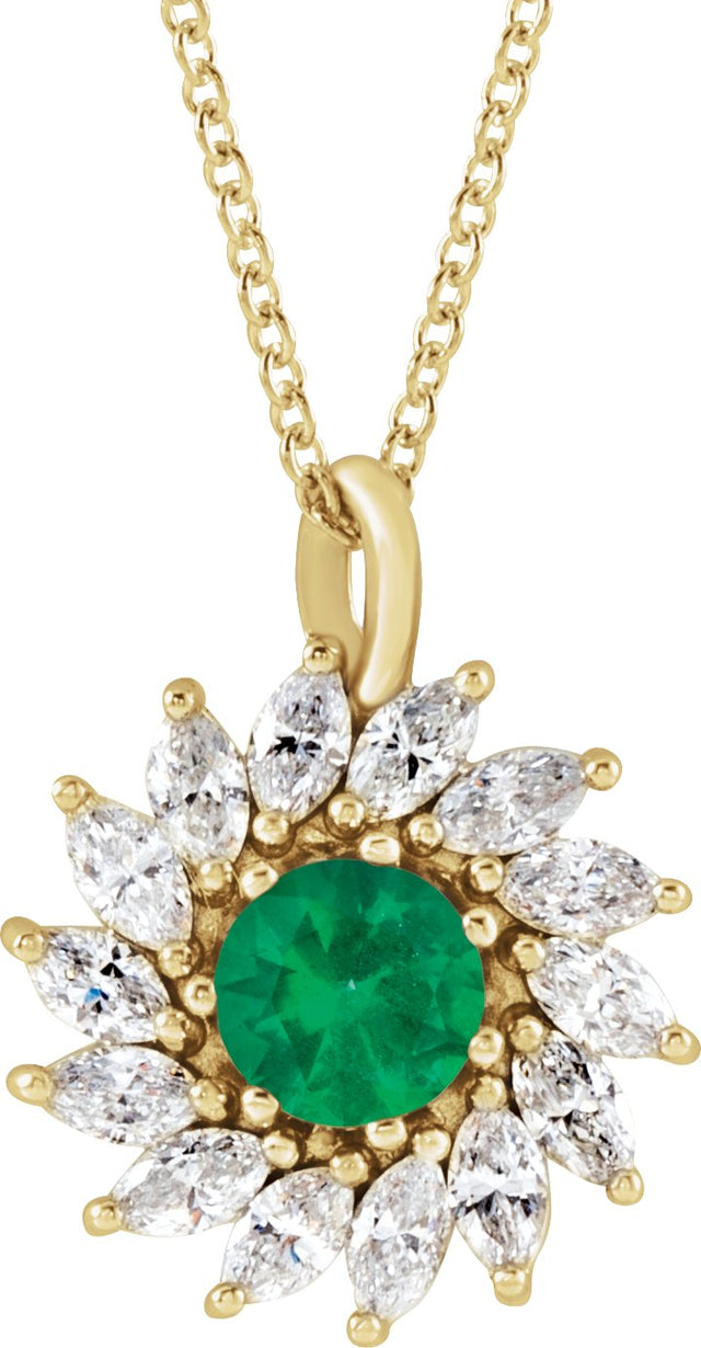 14K Gold Round Lab-Grown Emerald & Natural Diamond Halo-Style Necklace or Pendant – 3.5-6mm Stones - Yellow Gold