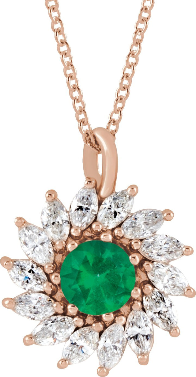 14K Gold Round Lab-Grown Emerald & Natural Diamond Halo-Style Necklace or Pendant – 3.5-6mm Stones - Rose Gold