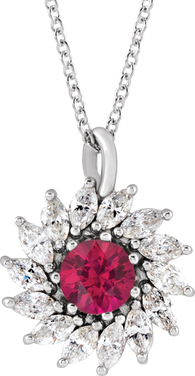 14K Gold Round Natural Ruby & Natural Diamond Halo-Style Necklace or Pendant – 4-5mm Stones - White Gold