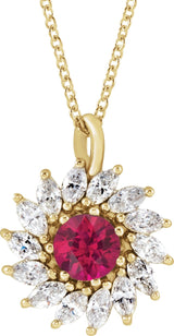 14K Gold Round Natural Ruby & Natural Diamond Halo-Style Necklace or Pendant – 4-5mm Stones - Yellow Gold