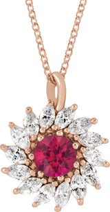 14K Gold Round Natural Ruby & Natural Diamond Halo-Style Necklace or Pendant – 4-5mm Stones - Rose Gold