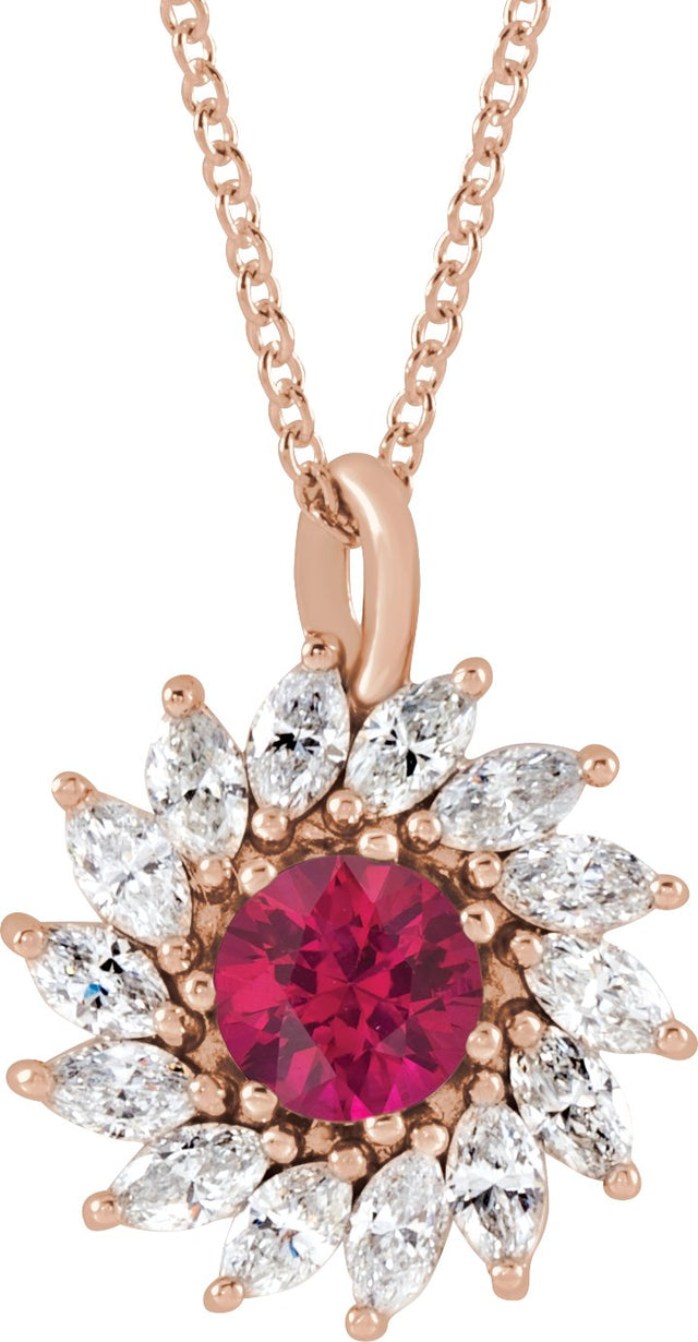 14K Gold Round Natural Ruby & Natural Diamond Halo-Style Necklace or Pendant – 4-5mm Stones - Rose Gold