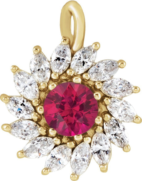 14K Gold Round Lab-Grown Ruby & Natural Diamond Halo-Style Necklace or Pendant – 3.5-6mm Stones - Yellow Gold