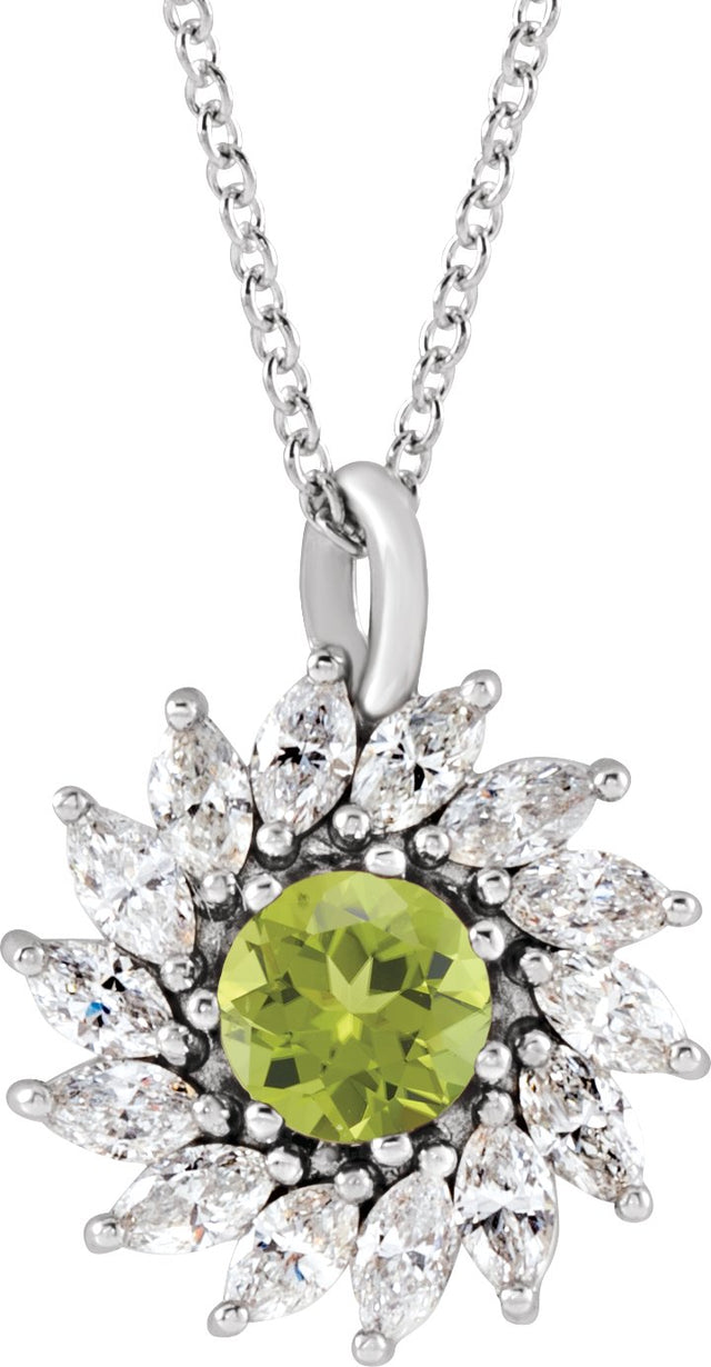 Platinum Round Natural Peridot & Natural Diamond Halo-Style Necklace or Pendant – 3.5-6mm Stones