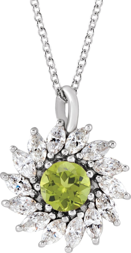 14K Gold Round Natural Peridot & Natural Diamond Halo-Style Necklace or Pendant – 3.5-6mm Stones - White Gold