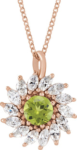 14K Gold Round Natural Peridot & Natural Diamond Halo-Style Necklace or Pendant – 3.5-6mm Stones - Rose Gold