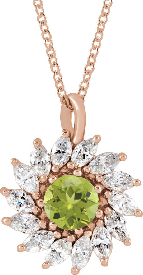 14K Gold Round Natural Peridot & Natural Diamond Halo-Style Necklace or Pendant – 3.5-6mm Stones - Rose Gold