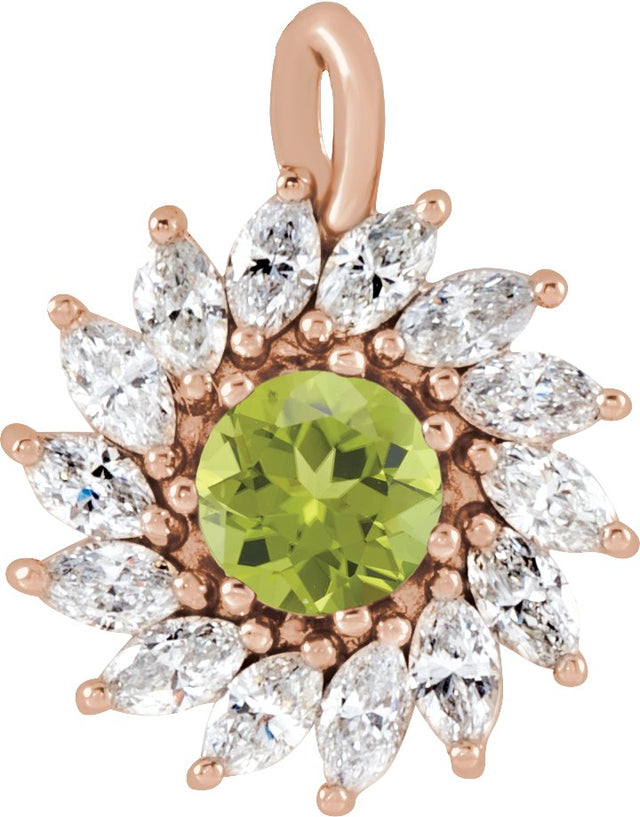 14K Gold Round Natural Peridot & Natural Diamond Halo-Style Necklace or Pendant – 3.5-6mm Stones - Rose Gold