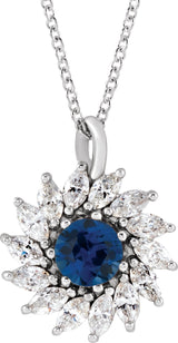 14K Gold Round Lab-Grown Blue Sapphire & Natural Diamond Halo-Style Necklace or Pendant – 3.5-6mm Stones - White Gold
