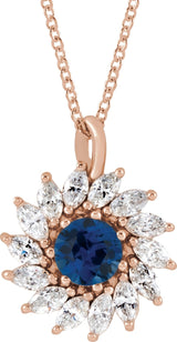 14K Gold Round Natural Blue Sapphire & Natural Diamond Halo-Style Necklace or Pendant – 3.5-6mm Stones - Rose Gold
