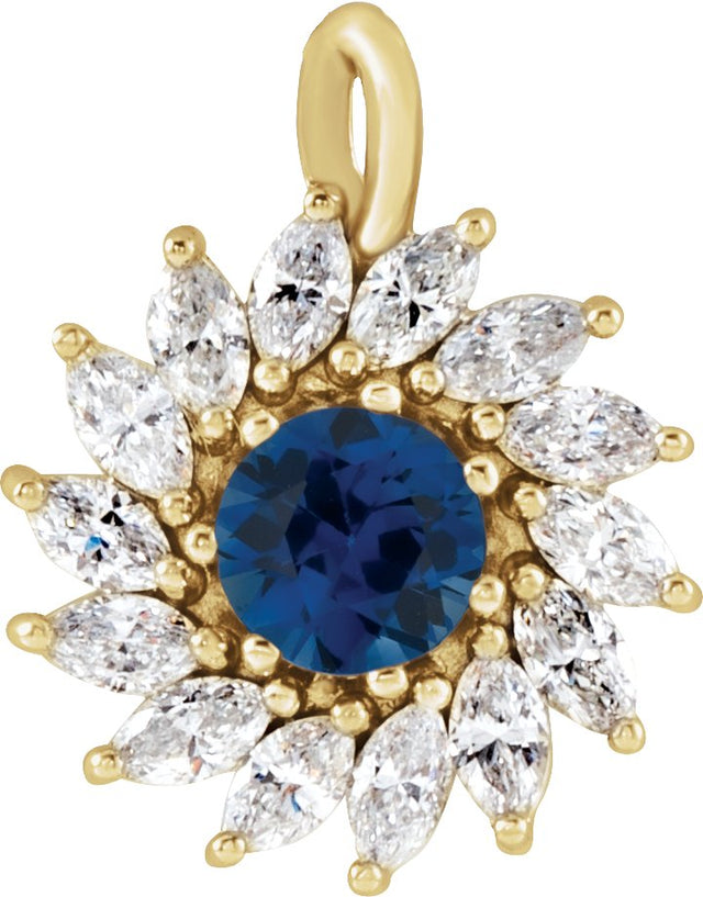 14K Gold Round Lab-Grown Blue Sapphire & Natural Diamond Halo-Style Necklace or Pendant – 3.5-6mm Stones - Yellow Gold