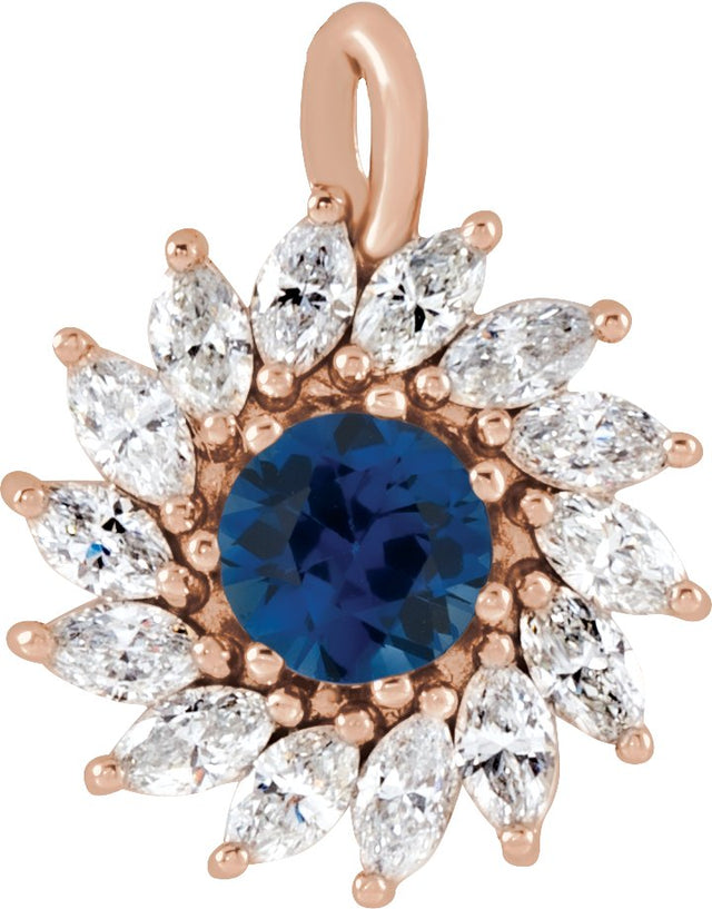 14K Gold Round Lab-Grown Blue Sapphire & Natural Diamond Halo-Style Necklace or Pendant – 3.5-6mm Stones - Rose Gold