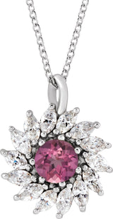 Platinum Round Natural Pink Tourmaline & Natural Diamond Halo-Style Necklace or Pendant – 3.5-6mm Stones