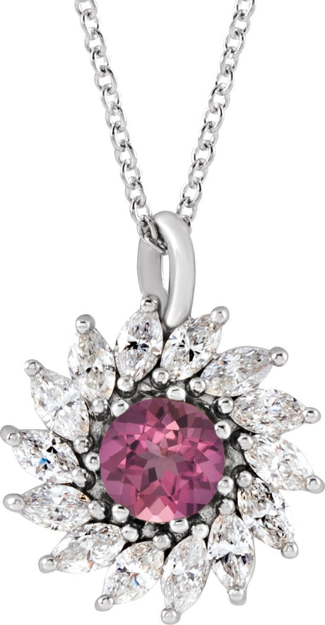 Platinum Round Natural Pink Tourmaline & Natural Diamond Halo-Style Necklace or Pendant – 3.5-6mm Stones
