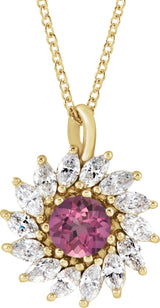14K Gold Round Natural Pink Tourmaline & Natural Diamond Halo-Style Necklace or Pendant – 3.5-6mm Stones - Yellow Gold