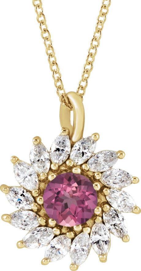 14K Gold Round Natural Pink Tourmaline & Natural Diamond Halo-Style Necklace or Pendant – 3.5-6mm Stones - Yellow Gold