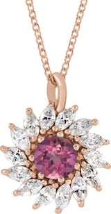14K Gold Round Natural Pink Tourmaline & Natural Diamond Halo-Style Necklace or Pendant – 3.5-6mm Stones - Rose Gold