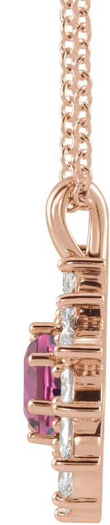 14K Gold Round Natural Pink Tourmaline & Natural Diamond Halo-Style Necklace or Pendant – 3.5-6mm Stones - Rose Gold - view 2