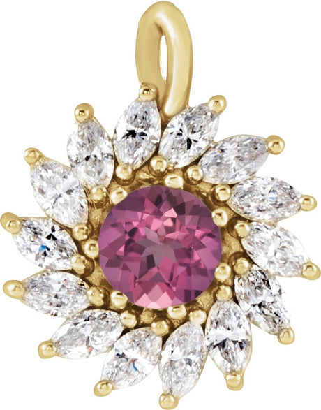 14K Gold Round Natural Pink Tourmaline & Natural Diamond Halo-Style Necklace or Pendant – 3.5-6mm Stones - Yellow Gold