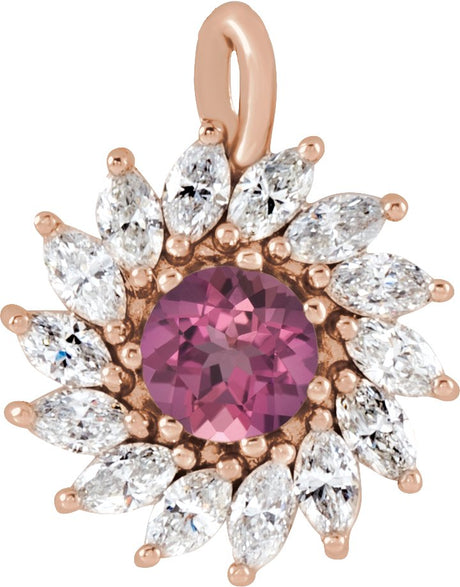14K Gold Round Natural Pink Tourmaline & Natural Diamond Halo-Style Necklace or Pendant – 3.5-6mm Stones - Rose Gold