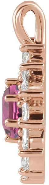 14K Gold Round Natural Pink Tourmaline & Natural Diamond Halo-Style Necklace or Pendant – 3.5-6mm Stones - Rose Gold - view 2