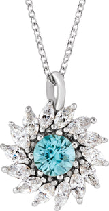 14K Gold Round Natural Blue Zircon & Natural Diamond Halo-Style Necklace or Pendant – 3.5-6mm Stones - White Gold