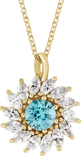 14K Gold Round Natural Blue Zircon & Natural Diamond Halo-Style Necklace or Pendant – 3.5-6mm Stones - Yellow Gold