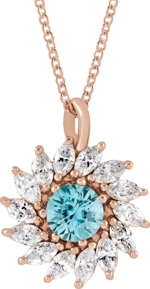 14K Gold Round Natural Blue Zircon & Natural Diamond Halo-Style Necklace or Pendant – 3.5-6mm Stones - Rose Gold