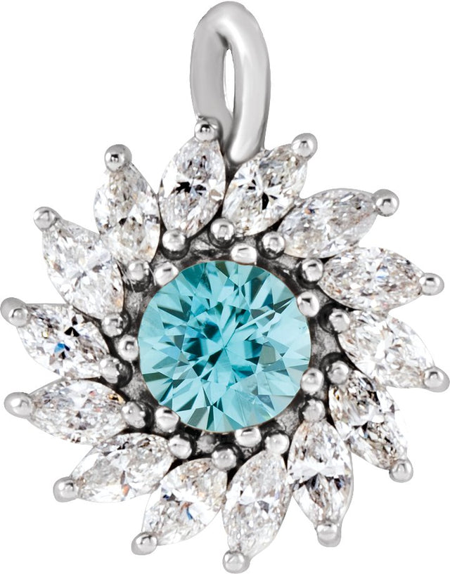 14K Gold Round Natural Blue Zircon & Natural Diamond Halo-Style Necklace or Pendant – 3.5-6mm Stones - White Gold