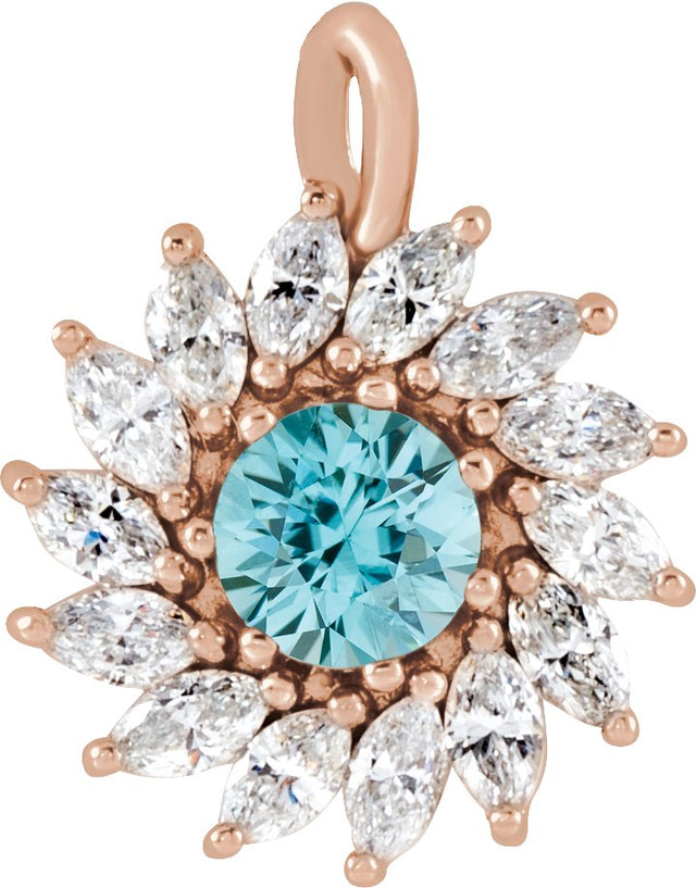 14K Gold Round Natural Blue Zircon & Natural Diamond Halo-Style Necklace or Pendant – 3.5-6mm Stones - Rose Gold