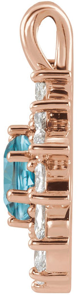 14K Gold Round Natural Blue Zircon & Natural Diamond Halo-Style Necklace or Pendant – 3.5-6mm Stones - Rose Gold - view 2