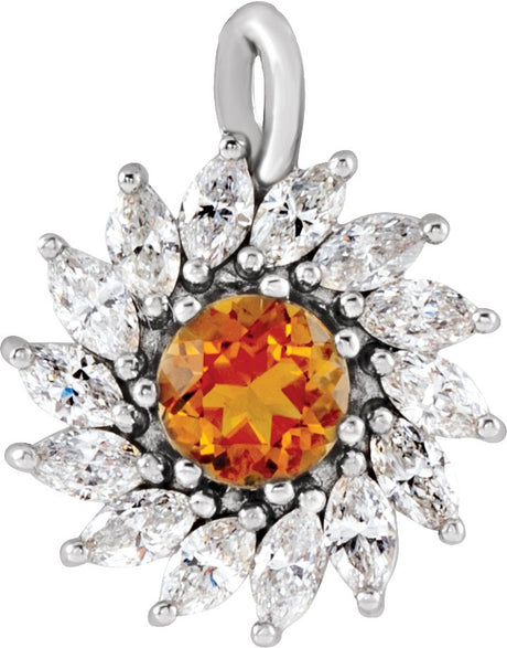 14K Gold Round Natural Citrine & Natural Diamond Halo-Style Necklace or Pendant – 3.5-6mm Stones - White Gold