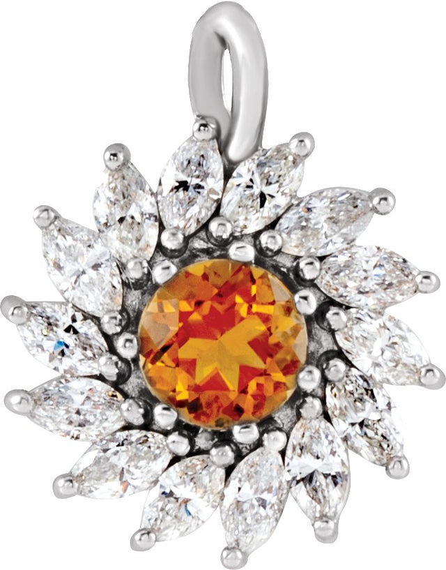 Platinum Round Natural Citrine & Natural Diamond Halo-Style Necklace or Pendant – 3.5-6mm Stones