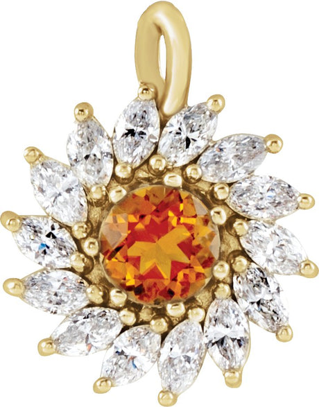 14K Gold Round Natural Citrine & Natural Diamond Halo-Style Necklace or Pendant – 3.5-6mm Stones - Yellow Gold