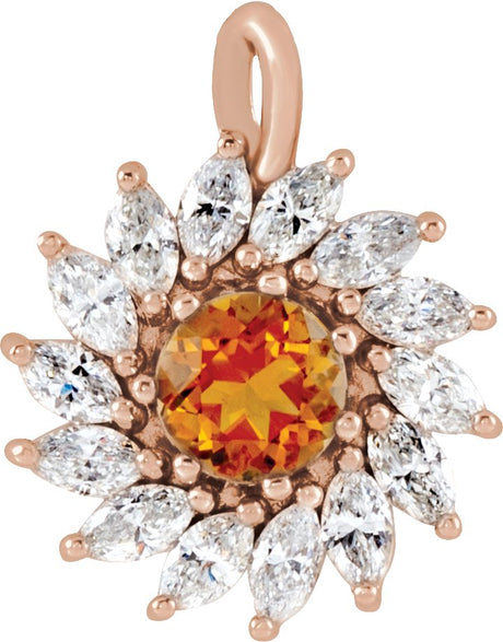 14K Gold Round Natural Citrine & Natural Diamond Halo-Style Necklace or Pendant – 3.5-6mm Stones - Rose Gold