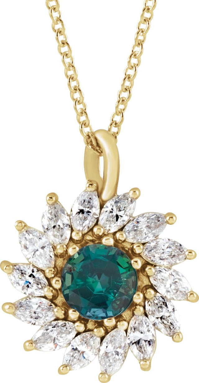 14K Gold Round Lab-Grown Alexandrite & Natural Diamond Halo-Style Necklace or Pendant – 3.5-6mm Stones - Yellow Gold