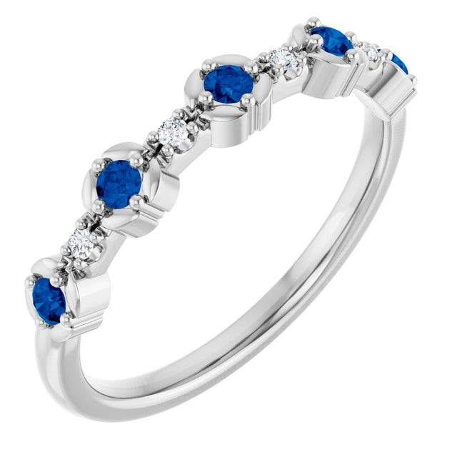 Platinum Round Natural Blue Sapphire & Natural Diamond Stackable Ring