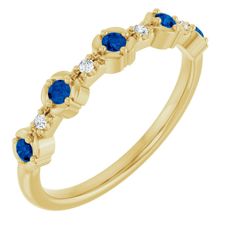 14K Gold Round Natural Blue Sapphire & Natural Diamond Stackable Ring – 2mm Stones - Yellow Gold